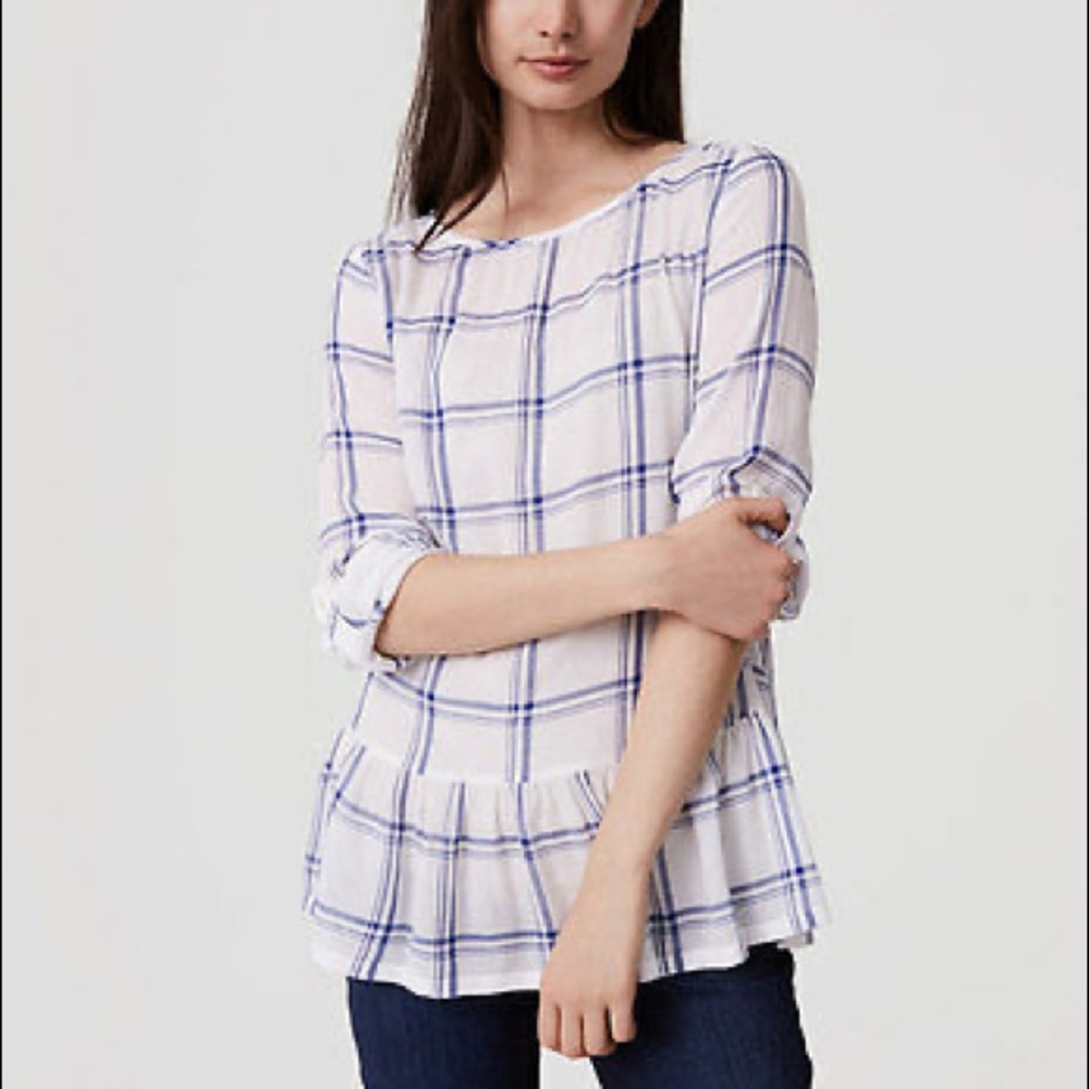 Ann Taylor LOFT Plaid Utility Roll Tab Sleeve Peplum Top White/Blue Size Medium